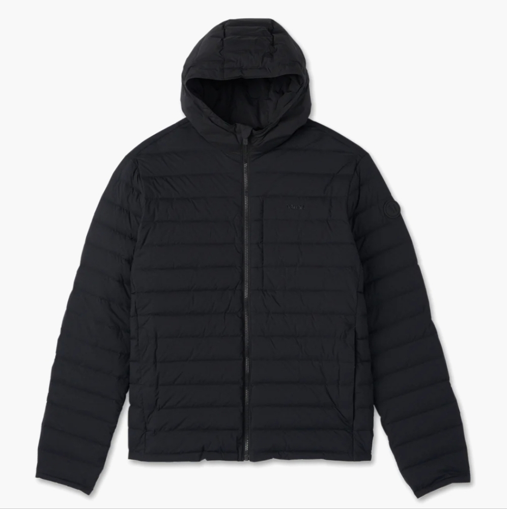 Vuori Black Puffer Jacket with High Collar and Slim Fit